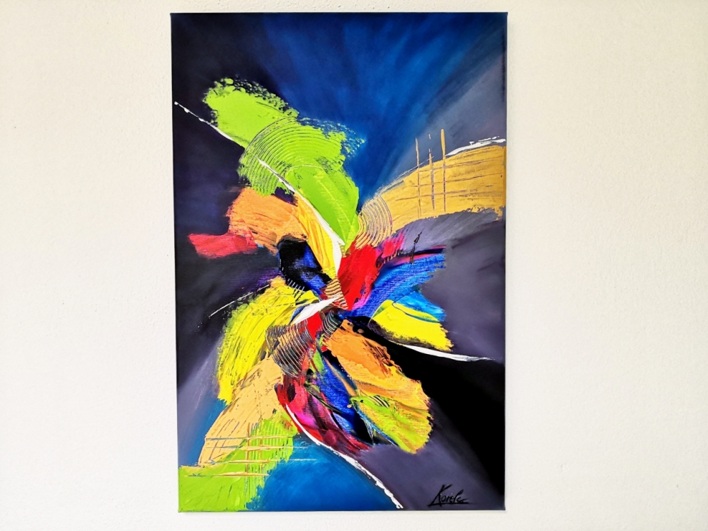 Čudovita abstraktna slika, akril na platnu, velikost 40x60 cm z naslovom Prebujanje. Barvit motiv daje prostoru pozitivno energijo, s svojimi živahnimi barvami pa bo navdušil vsakega obiskovalca.