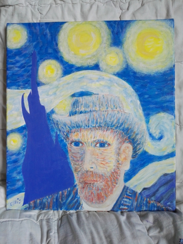 Portret znanega in ljubljenega slikarja - Vincenta Van Gogh-a , v ozadju pa ena izmed njegovih najbolj znanih slik (Zvezdna Noč).

Dimenzije 42 x 46 cm.

Platno profesionalne kakovosti napeto na lesen okvir. Slika je premazana z zaščitnim premazom.