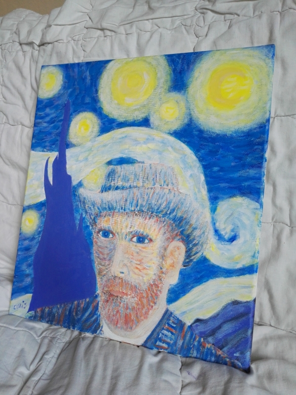 Portret znanega in ljubljenega slikarja - Vincenta Van Gogh-a , v ozadju pa ena izmed njegovih najbolj znanih slik (Zvezdna Noč).

Dimenzije 42 x 46 cm.

Platno profesionalne kakovosti napeto na lesen okvir. Slika je premazana z zaščitnim premazom.