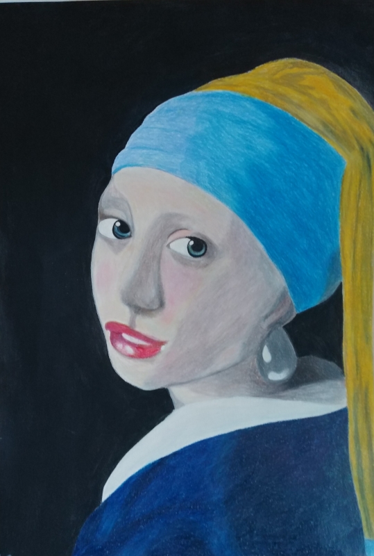 Dekle z bisernim uhanom, interpretacija po Vermeerju.

Profesionalne barvice na kvalitetnem umetniškem papirju.

Dimenzije: 30 x 42 cm