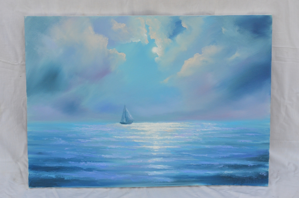 Slika narejena v slikarski tehniki olje na platnu hrvaškega slikarja Dominika Butkovića. Jadrnica na obzorju bo vas in vaš prostor napolnila s svežo morsko energijo.