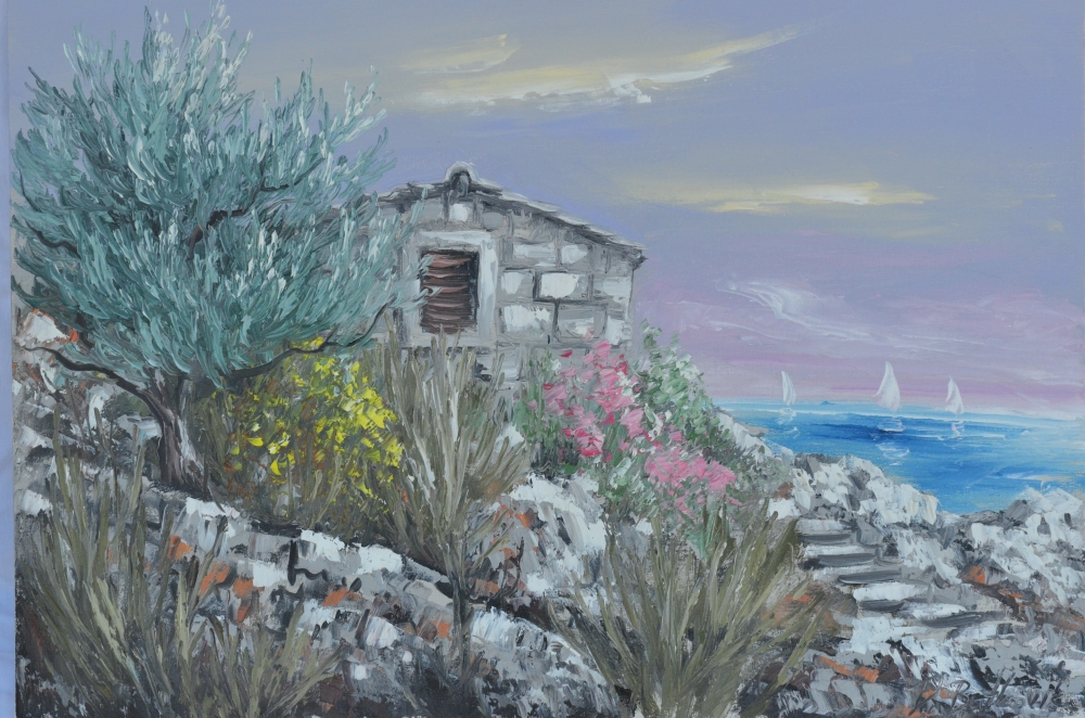 Slika narejena v slikarski tehniki olje na platnu hrvaškega slikarja Dominika Butkovića. Stara kamnita hiša bo vas in vaš prostor napolnila s svežo morsko energijo.